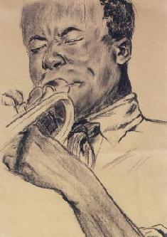 A sketch of a Black trombone player rendered in charcoal on newsprint. 