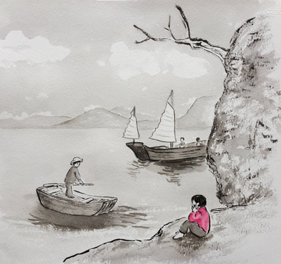 An ink and watercolor painting of a child sitting on a bank in Hong Kong, watching a sampan and rowboat.