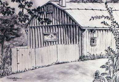 Charcoal drawing of a barn at the T.C. Steele State Historic Site.