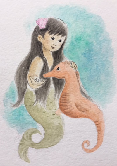 A young mermaid feeds a sugar cube to a seahorse in this watercolor illustration.