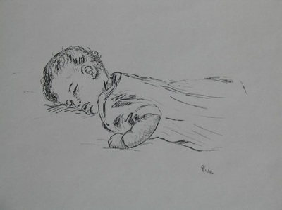 Pen and ink drawing of sleeping baby.