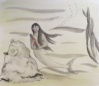 A teenage mermaid is holding the Steadfast Tin Soldier at the bottom of the ocean, and looking pensively upwards at the surface of the water. This is done in ink with watercolors.