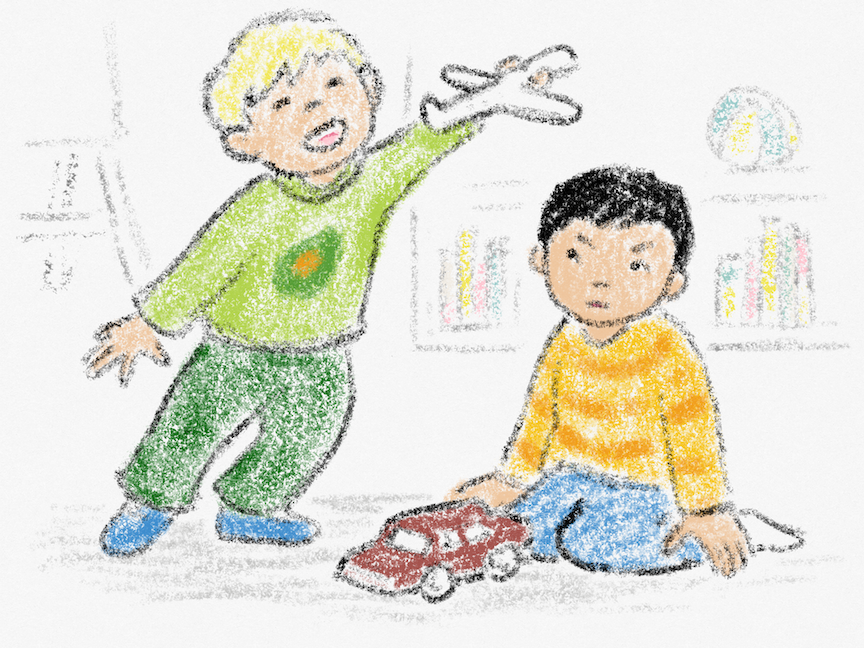 A young Asian boy playing with a toy car looks at a blond playmate with annoyance as the second boy zooms a toy airplane over his head in this digital illustration. 