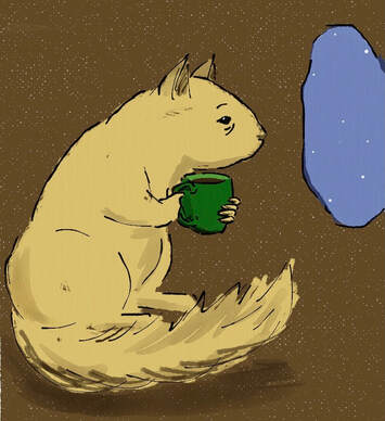 digital kidlit illustration of a tired squirrel in a tree hole holding a cup of tea staring out into the predawn morning